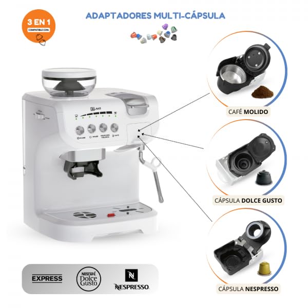 Bilake Cafetera Blanca | Espumador de Leche | Cafetera automática con Molinillo | Espreso y capsulas Compatible nespreso y Dolce Gusto
