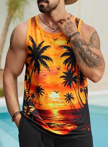 Image of VOGSTART Mens Hawaiian Beach Tank Tops Summer Vacation Muscle Top Graphic Sleeveless Shirts (S-3XL)