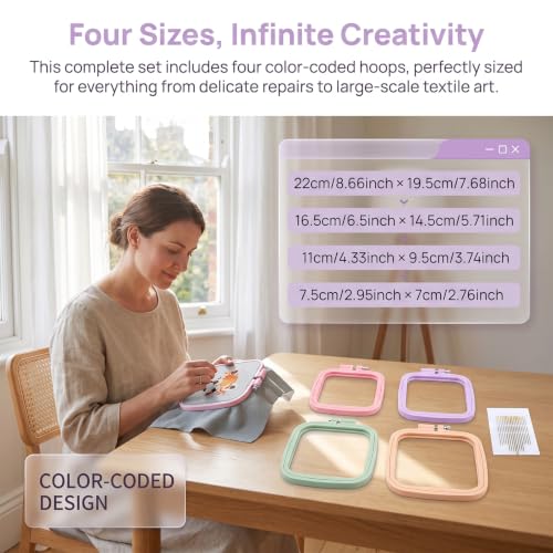 Image of LAMXD 4 Pieces Embroidery Hoop Rectangle Square Embroidery Frame Cross Stitch Hoop Sewing Tool for Art Craft Handy Sewing (Multicolor),with Gold Eye Embroidery Needles