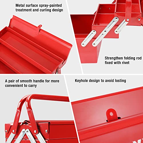 Image of WORKPRO Metal Tool Box, 18-inch Cantilever Folding Red Storage Box, 3-Layer 5-Tray Multi-Function Tool Organizer, Red