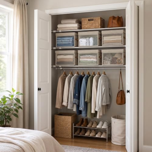 Image of StorageWorks Fabric Storage Bins with Lids, Large Closet Storage Bins | Flip-Top Lid, Clear Window, Handles, Collapsible, for Clothes Blankets Books, Closet Box, Brown and Beige, 2-Pack
