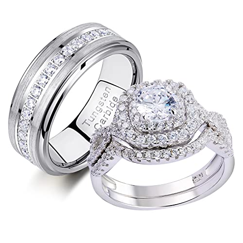 Newshe Jewellery Wedding Ring Sets for Him and Her AAAAA Cz Matching Promise Rings for Couples 925 Women Mens Tungsten Band Size 5-13