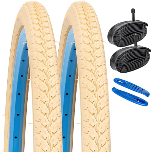 YunSCM 2本セット,24 1.50 タイヤ,24x1.50 40-507 自転車タイヤ + 24x1.50/1.90 チューブ 肉厚 米式バルブ32mm + タイヤレバ,適用 24 インチ 1.50 クロスバイク、マウンテンバイク,Y-264(ベージュ）