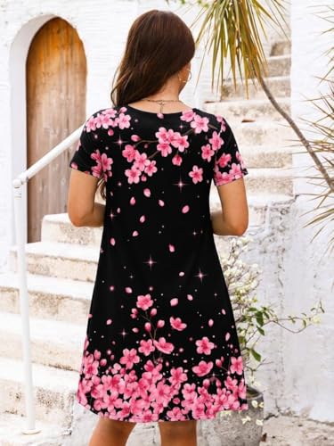 Image of Heymoments Women's Short Sleeve Crewneck Sundress Summer Casual A-Line Beach Dress with Pockets S-2XL