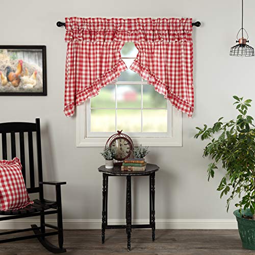 VHC-Brands-Farmhouse-Kitchen-Annie-Rod-Pocket-Cotton-Drawstring-Ties-Ruffling-Buffalo-Check-Curtain-Prairie-Swag-Set-36x36x18-Red VHC Brands Farmhouse Kitchen Annie Rod Pocket Cotton Drawstring Ties Ruffling Buffalo Check Curtain Prairie Swag Set 36x36x18 Red