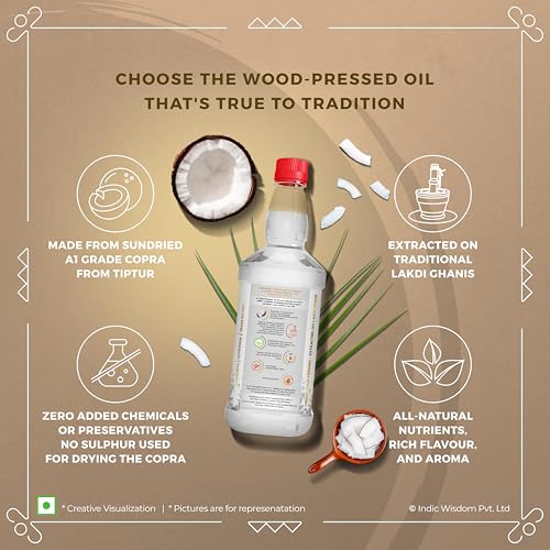 Image of IndicWisdom Wood Pressed Virgin Coconut Oil 1 Liter (Cold Pressed Coconut Oil - Extracted on Wooden Churner) (Pack of 3)