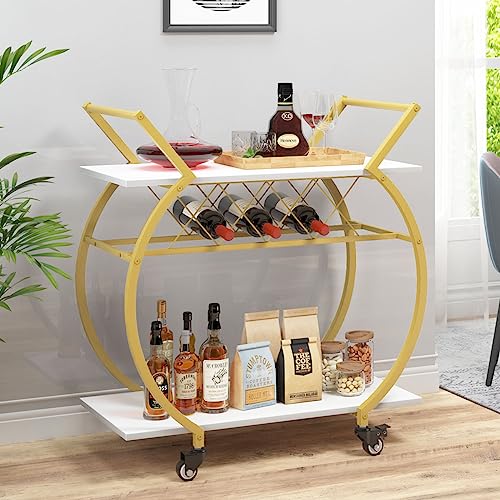 Image of LVB Modern Bar Cart, Industrial Rolling Serving Wine Cart, White and Gold