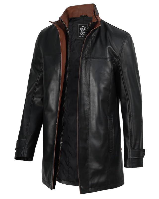 Image of Blingsoul Real Lambskin Long Leather Jacket Men - Mid-Length Mens Leather Coat