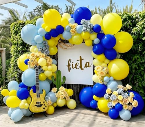Image of Blue and Yellow Balloon Garland Double Stuffed Pastel Yellow Dusty Blue Balloon Arch Kit for Summer Tropical Hawaiian Luau Lemon Baby Shower Birthday Wedding Party Decor