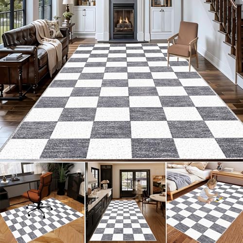 Image of Grey and White Checkered Rugs for Bedroom Living Room Kitchen Large Area Rugs Modern Soft Short Pile Non-Shedding 130 x 170 cm Carpet for Dining Room Washable Rugs for Entryway Hallway Office