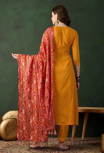 Image of SheWill Women's Mustard American Crepe Zari Sequence Embroidered Alia Cut Kurta with Pant and Dupatta