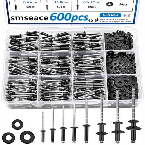 Rivets pop noirs en acier inoxydable Smseace avec rondelles | Coffret de 600 pièces