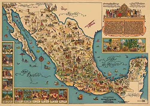 ARA STEP Vintage Mapas del Mundo Asia Europa América Australia - Póster decorativo de pared (297 x 420 mm, 11,7 x 16,5 pulgadas, 1930 Mapa Ilustrado de la Republica Mexicana) ⭐