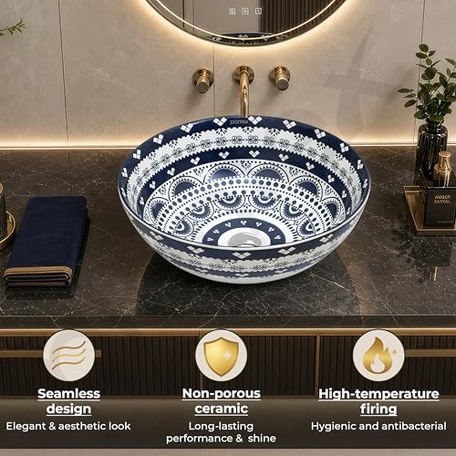 Image of Plantex Designer Ceramic Basin /Table Top Wash Basin for Bathroom /Round Countertop Vessel Sink Basin for Home /Restaurant (White Art, 16 x 16 x 6 Inch)