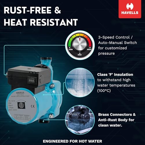 Image of Havells Inline Pressure Booster Water Pump HILF120-9 (0.5 HP) | Copper Winding, High Flow Rate, 180-260 V Range | Overheat Protection, Durable | for Bathroom, Shower, Geyser | 1 Yr Warranty