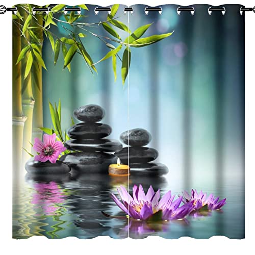 Zen Japanese Style Landscape Ultra Soft Premier Blackout Curtains,Spa Green Bamboo Black Stone Purple FlowerThermal Insulated Bedroom Noise Reducing Patio Door Grommet Top,2 Panels 63L x 31.5W
