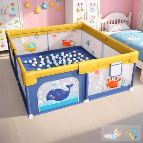 Image of Playpen for Baby up to 5 Years Playards with Pit Balls and Anti-Fall Grasp Rings, Kids Activity Center with Safety Lock (No Mat, Non-Foldable) (150x180cm Blue)