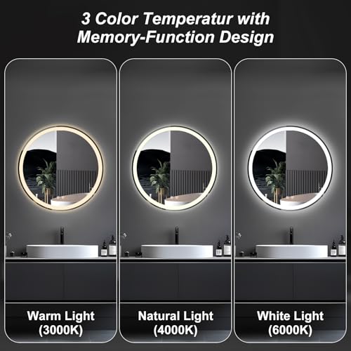 Image of NEWBULIG 24 inch LED Bathroom Mirror Round Vanity Mirror with Lights | Anti-Fog, Dimmable, 3 Color Temperature, Memory Function Led Wall Mirrors for Bathroom, Vanity