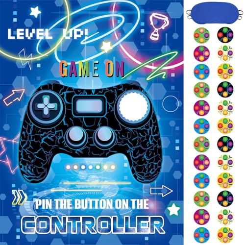 Image of WERNNSAI Pin the Button on the Game Controller Gaming Party Decorations | Video Game Birthday Decorations for Boy Kids,Game On Party Game,28 inch x 21 inch Poster with 24 Stickers and Blindfold