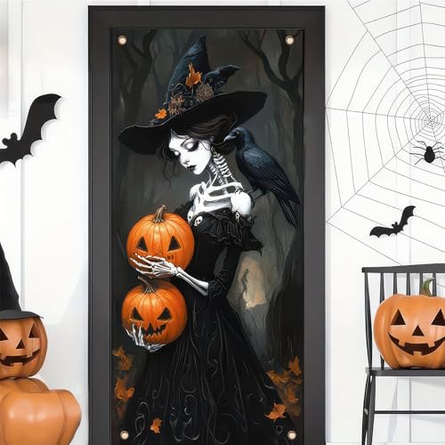 Image of BlissYard Halloween Door Cover Pumpkin Skeleton Witch 35 x 71 Inch