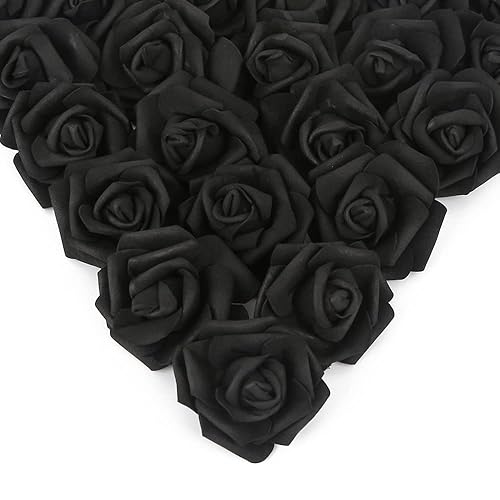 IPOPU Artificial Rose Flower Heads, 100 Pcs Real Looking Black Foam Fake Roses for DIY Wedding Baby Shower Centerpieces Arrangements Party Tables Home Decorations (Black, Stemless) - 100pcs Black