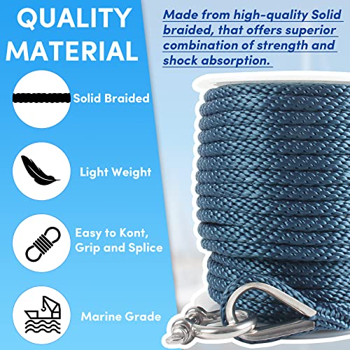 Premium Anchor Rope 100 Ft X 3/8 Inch, Solid Braid Mfp Anchor Line Boat Rope Marine Rope,Boat Anchor Rope With Thimble & Shackle - Navy Blue #TOP3