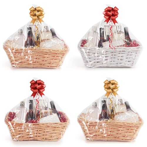 Woodluv DIY Set of 4 Assorted Wicker Gift Hamper Basket Kit Create Your Own Festive Present - Includes Cellophane, Shredding Paper & Ribbon