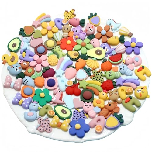Image of Ulalaza 100pcs Slime Charms Mixed Set Resin Flatback Making Supplies for DIY Craft Making and Ornament Scrapbooking Beads Assorted Candy Fruit Cake Ornament