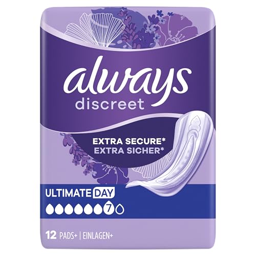 Always Discreet Compresas para incontinencia Ultimate Day, 48 compresas (4 x 12 unidades) para mujer, paquete mensual, fuerte protección contra la incontinencia urinaria que apenas se siente