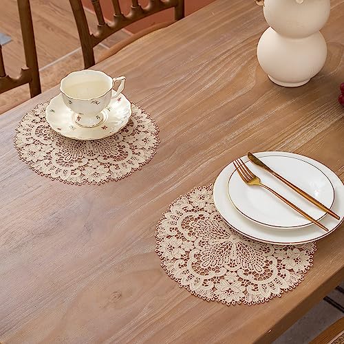 2Pack Round Lace Placemats for Dining Table,11 inch Diameter Delicate Floret Embroidered Lace Doilies vase mat for Christmas Daily Use, Washabl (Light Brown 11") by VIRFONOR - Used condition - Image 8