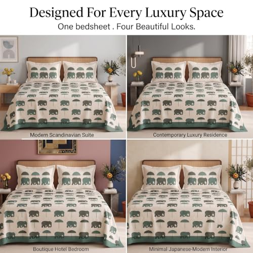 Image of BSB HOME 240 TC Cotton Feel Double Bedsheet with 2 Pillow Covers, Premium Soft Breathable Bed Sheet Set, Fade Resistant, All-Season, Easy Care, 90 x 100 Inches (228 x 254 cm) - Cream & Deep Teal