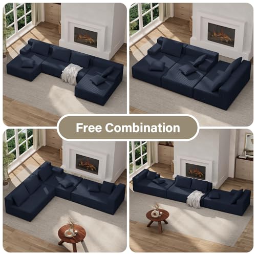 Image of LAUSAINT HOME 132 inch Modular Sectional Sofa Couches, U-Shaped Boneless Cloud Sofa with 4 Deep Seat, 6 Cushiones Oversized Chaise for Living Room, Bedroom, Plush Corduroy Fabric (U Shaped,Navy Blue)