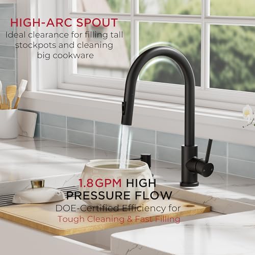 Image of FORIOUS Black Kitchen Faucet with Pull Down Sprayer, Modern Single Hole Kitchen Sink Faucet with Soap Dispenser, Deck Plate, Single Handle, High Arc Stainless Steel for RV Farmhouse Laundry Outdoor