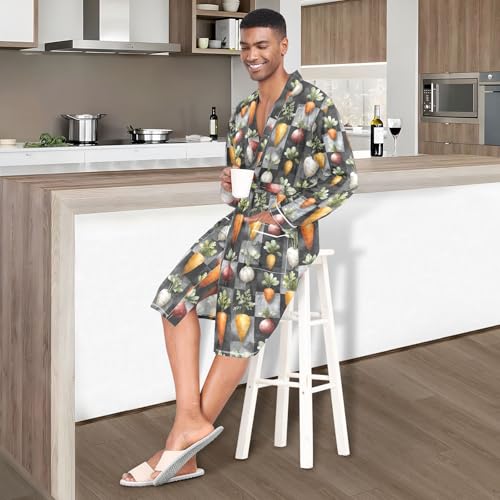 Men’s Robe Carrot Checkered Print, Long Sleeve Bathrobe for Sleep Shower-M2