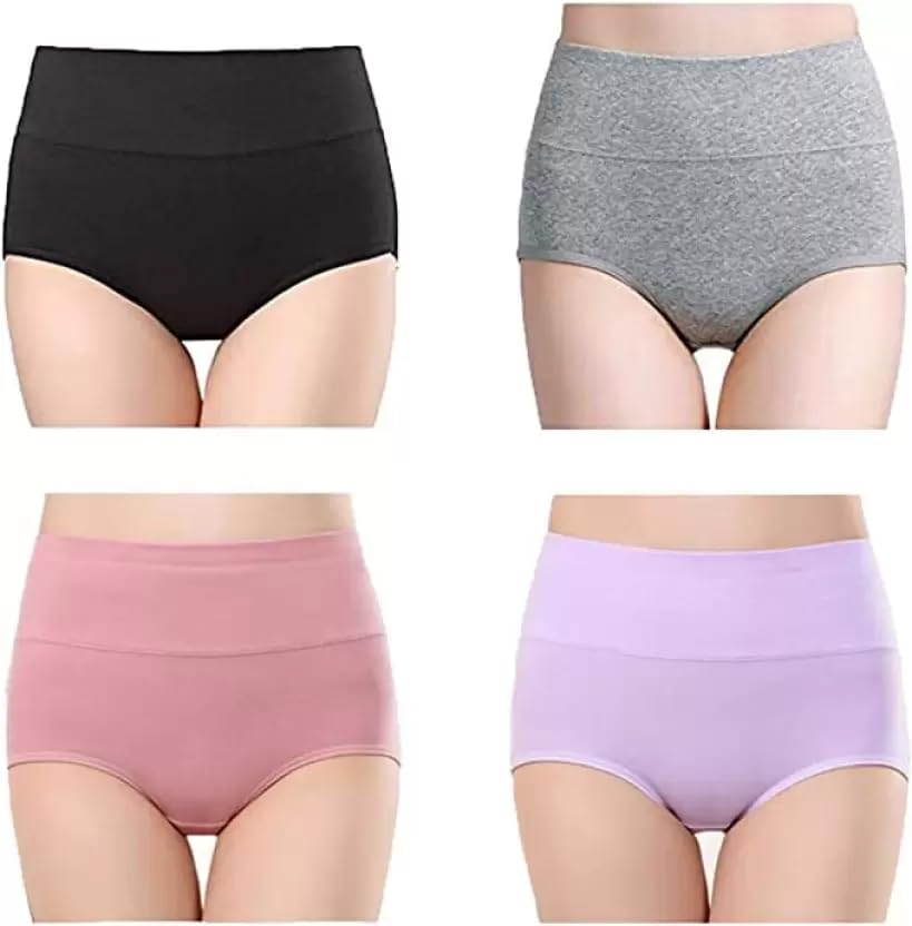 High Waist Cotton Briefs for Women, Pack of 4, Tummy Control Underwear, Black Grey Pink Purple