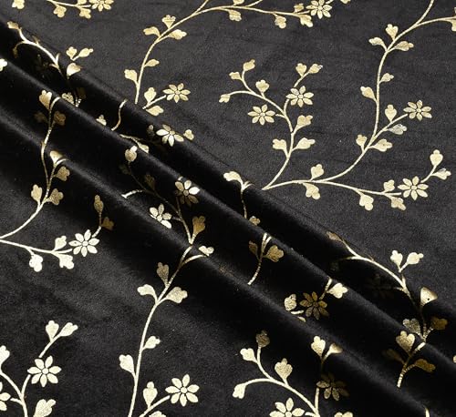 Image of Heavy Velvet Fabric Room Darkening Floral Design Curtains 8 Feet for Door, Black, Pack of 2 Pieces