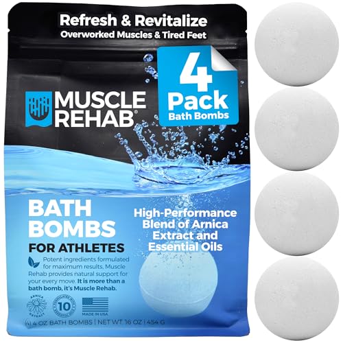 Muscle Rehab Epsom Salt Bath Bombs with Arnica (4 Pack) | Magnesium Recovery Soak for Sore Muscles, Post-Workout Relief & Relaxation | Eucalyptus, Turmeric & Clary Sage Essential Oils
