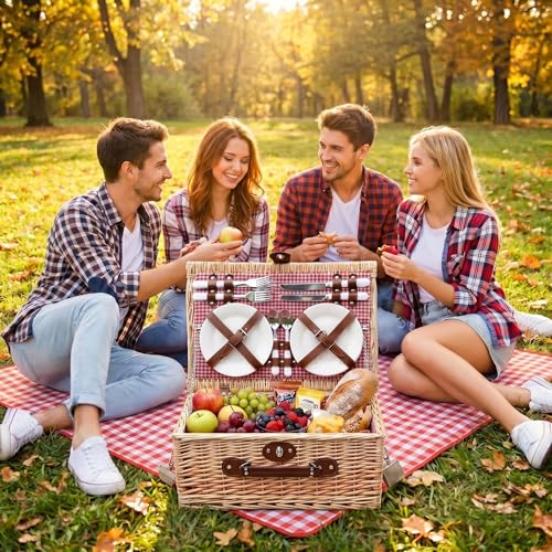 Image of Multifunctional Wicker Picnic Basket Set for 4 Blanket Family Folding Wine Table,Insulated Portable Extra Big Storage Capacity Woven Rattan Canasta De Full Tablewares Camping Outdoor Flowers Pink