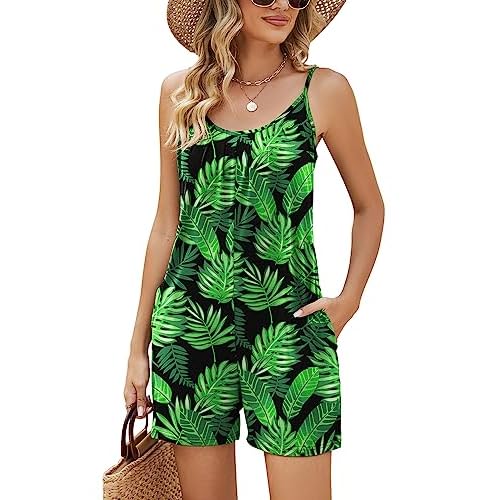 LOMON Womens Casual Summer Sleeveless Romper Loose Adjustable Spaghetti Strap Stretchy Shorts Jumpsuits with Pockets Medium Color Triple Stripe