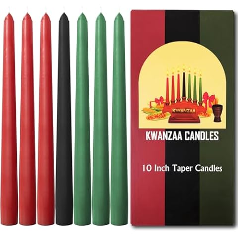 Kwanzaa Taper Candles Set of 7-3 Red, 3 Green, 1 Black - 10 Inch Dripless Tall Candle Premium Quality Candles -Mishumaa Saba Candle Cover