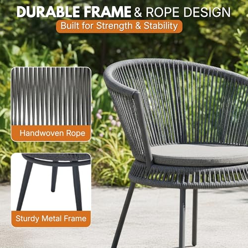 Image of DEVOKO Outdoor Rope 3 Piece Handwoven Crown Shape Rope Chair & Glass Top Side Table with Metal Frame for Garden, Pool, Deck, Backyard, Balcony (Grey)