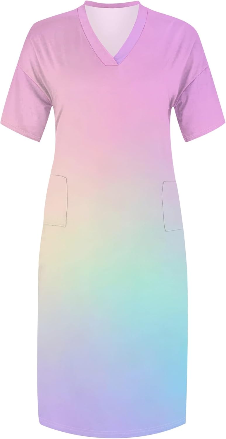 Women Casual T-Shirt Dress V Neck Short Sleeve Solid Color Oversize Dress with Front Two Pockets - Image 5