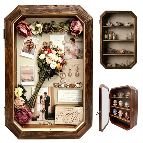 AMZWKT Shadow Box Frame 10x16 Carbonized Brown Display Case with Linen Back & Detachable Shelves for Wedding Bouquet Photos Medals Collectibles Souvenirs & Home Wall Decor