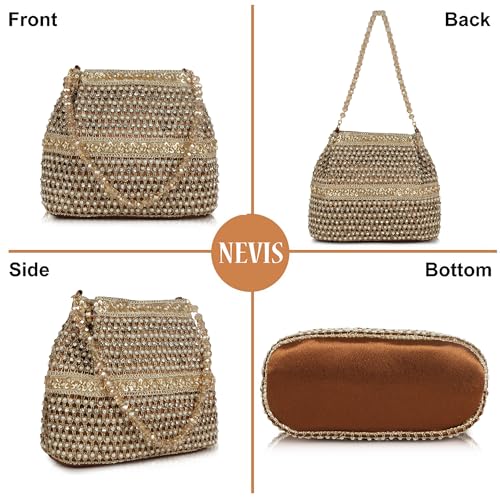 Image of Nevis Silk Fabric Premium Pearl & Crystal Embroidered Potli Bag for Women | Ethnic Bridal Clutch with Golden Handle | Party & Wedding | Potli Bag