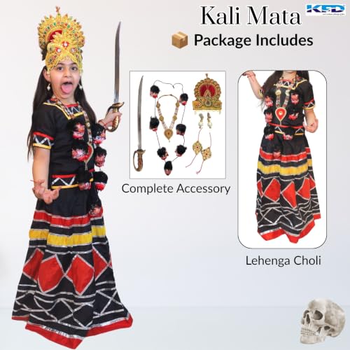 Image of Kaku Fancy Dresses Kali Mata Fancy Dress Costume for Girls | Maa Kali Devi Traditional Costume Set with Double Mukut, Mund Mala, Talwar, Earrings & Bajuband | Navratri, Durga Puja, Function- 7 To 8 Y