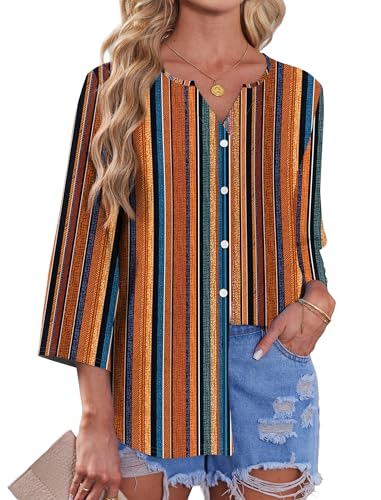Image of OFEEFAN Button Down Shirts for Women 3 /4 Length Sleeve Tops V Neck Blouses Business Casual Outfits Loose Fit