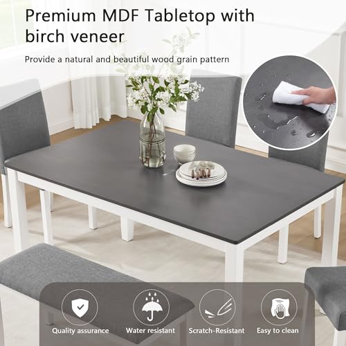 Image of KEIKI 6-Piece Standard Height Dining Table Set with Rectangular Table, 4 Upholstered Curved Backrset Chair, Bench, for 6 Person, Modern Table Set, Easy Assembly, for Kitchen, Dining Room, White+Gray