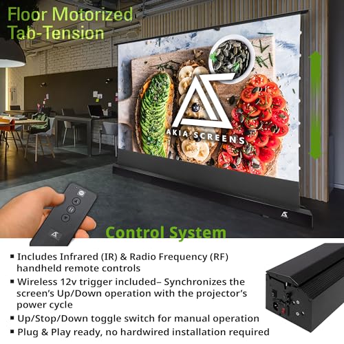 Image of Akia Screens 102 inch Motorized Floor Rising Projector Screen, Pull Up Tab-Tension CineWhite 4K 8K HDR Home Theater Movie Screen for UST Short Throw, Remote Control, AK-FMT102UH2-X