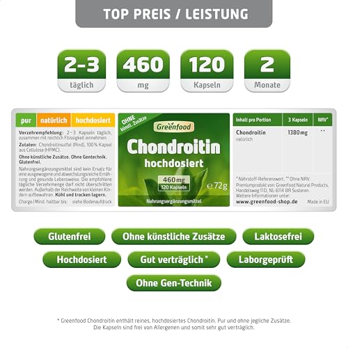 Chondroitin, hochdosiert, 460mg - 120 Kapseln, vegan. Chondroitinsulfat. Reinsubstanz – hohe Bioverfügbarkeit. OHNE künstliche Zusätze - laborgeprüft. Von Greenfood.