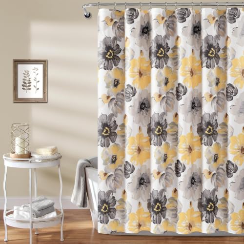 Image of Lush Decor Leah Floral Shower Curtain, 72 inch W x 72 inch L, Yellow & Gray - Fabric Shower Curtains - Watercolor Botanical Bathroom Curtain - Farmhouse & French Country Decor (Pack of 6)